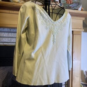 Beaded Silk Blend Sweater Women's Sz XL Green Cottagecore Jeweled Tapemeasure